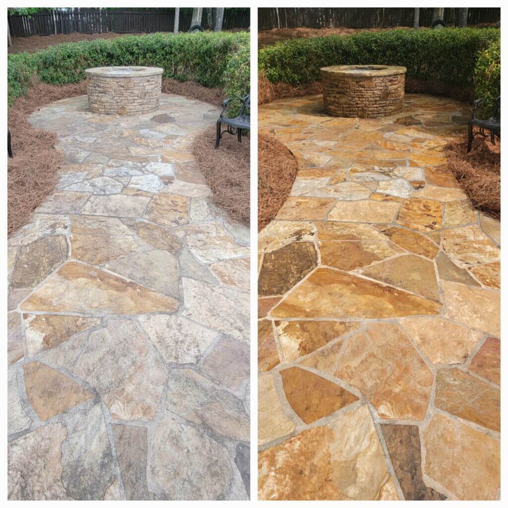 Before and after of a stone paver walkway and firepit with expert pressure washing and sealing to enhance color and natural beauty.