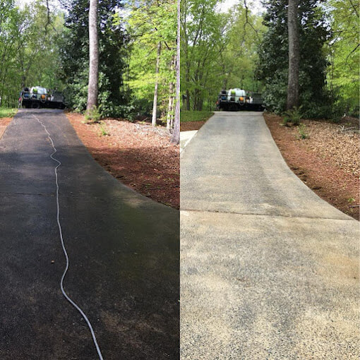 Before-and-after of a concrete driveway, revealing a spotless, bright surface after professional pressure washing. Explore our Service Area Map to check if we’re in your neighborhood.