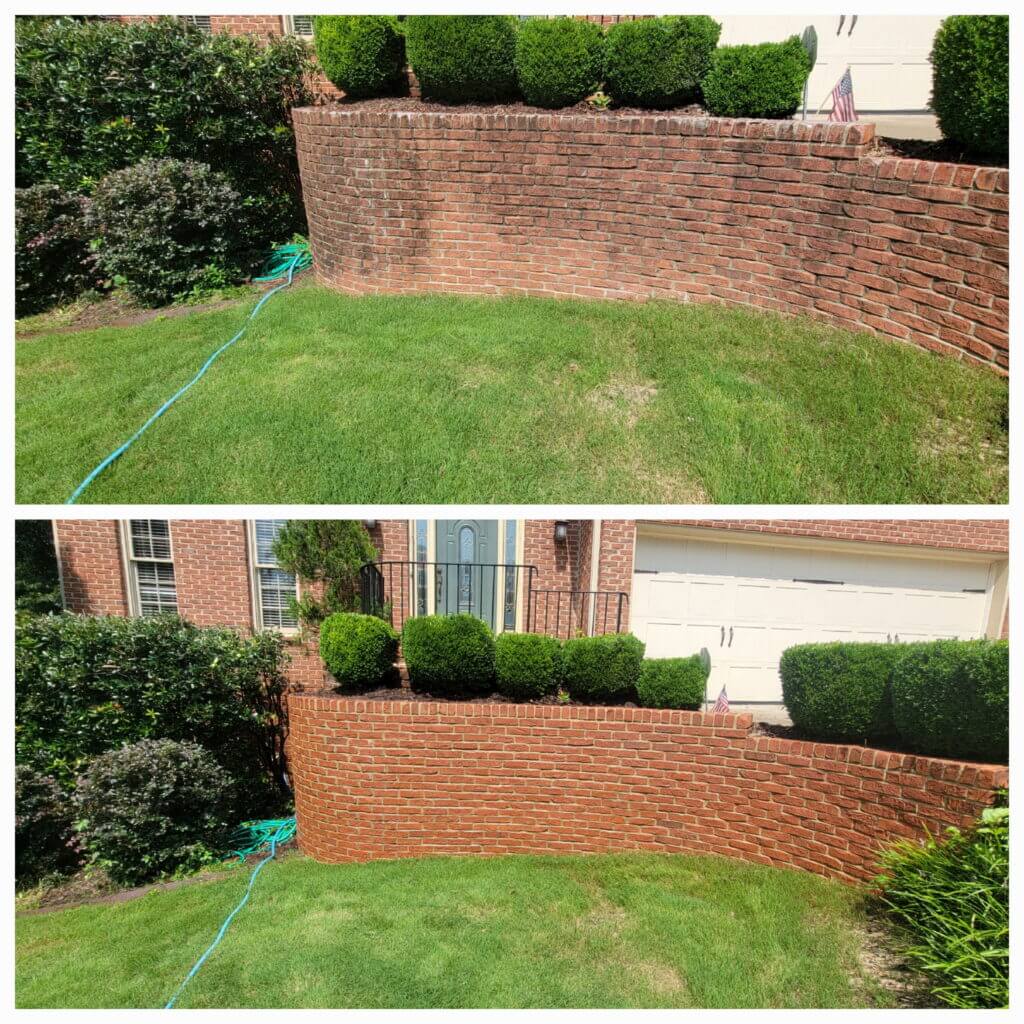 Before and after of a red brick garden retaining wall, expertly pressure washed to remove dirt, moss, and stains for a refreshed look.