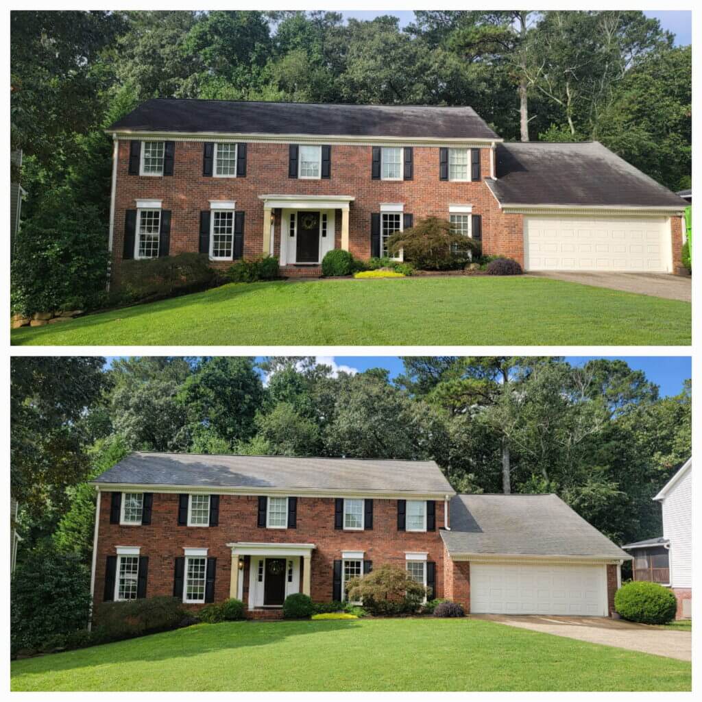 INCREDIBLE RESULTS ON A BRICK HOME WITH ASPHALT SHINGLE ROOFING - BOOK YOUR ROOF PRESSURE WASHING AND ROOF STAIN REMOVAL SERVICE TODAY