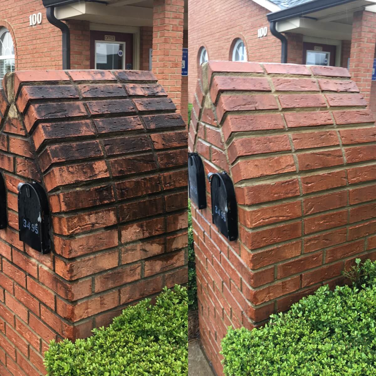 Before and after pressure washing service in action. Professional cleaning results.