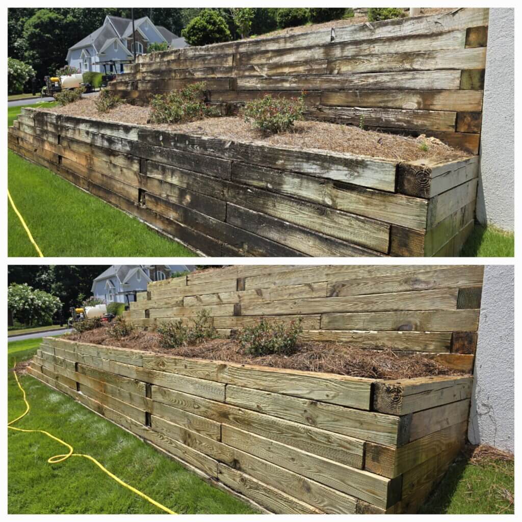 Before and after of a pressure-washed pine wood garden retaining wall, sealed with a clear coat for long-lasting protection.