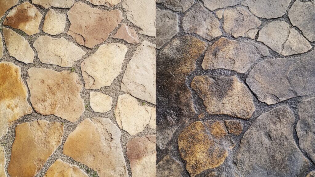 Before and after pressure washing of stone pavers, showing a stark contrast between grime-covered and freshly cleaned surfaces.