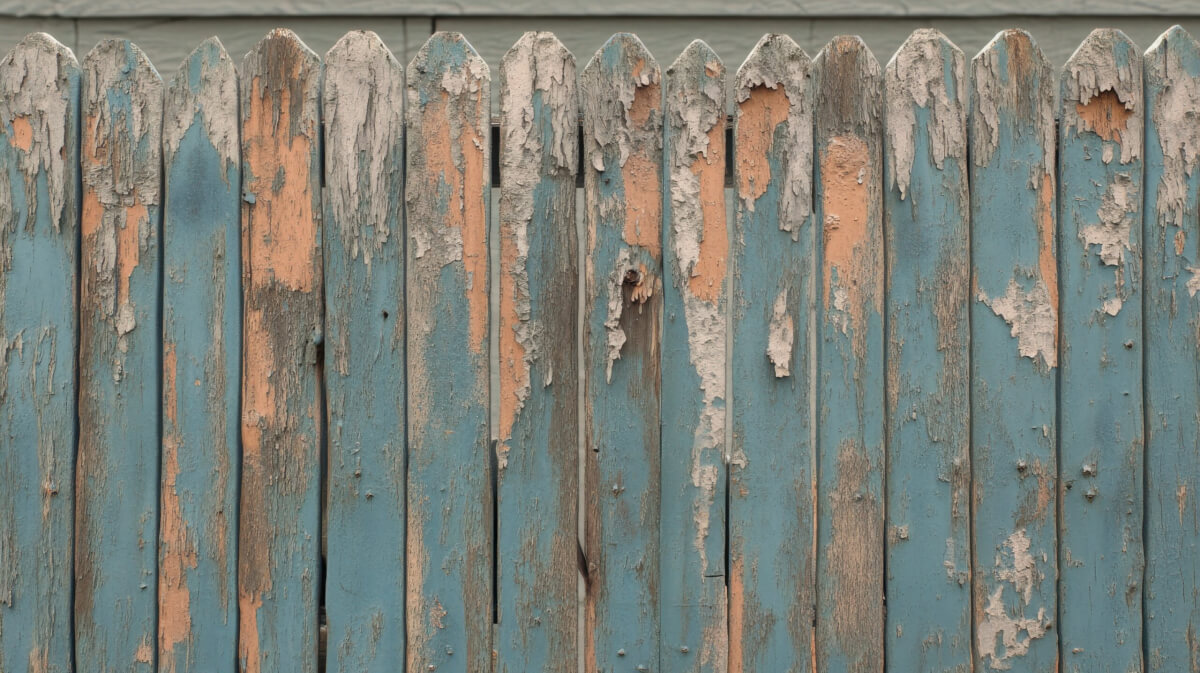 A wooden fence with chipped and peeling blue paint. showing obvious signs it needs pressure washing - schedule your wood deck and fence care services