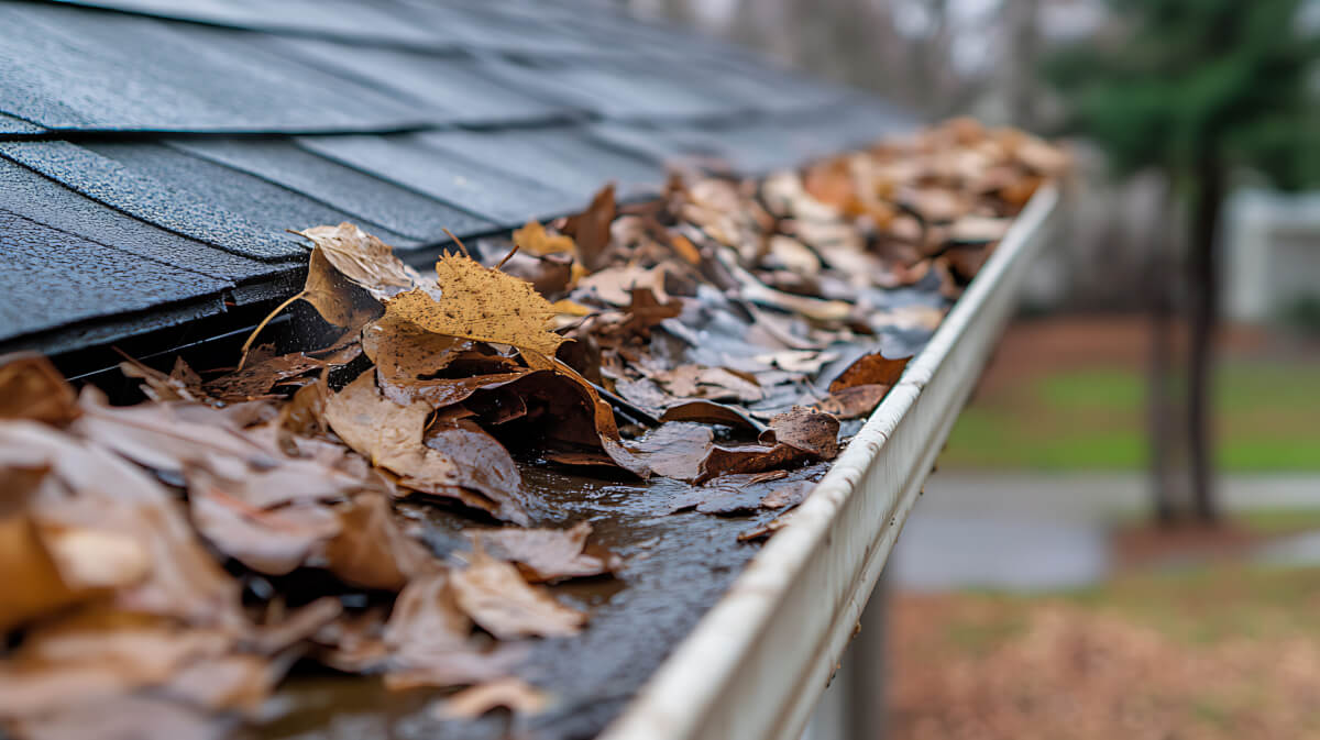 A close-up view of clogged gutters with leaves, dirty water, and black streak stains from water damage.