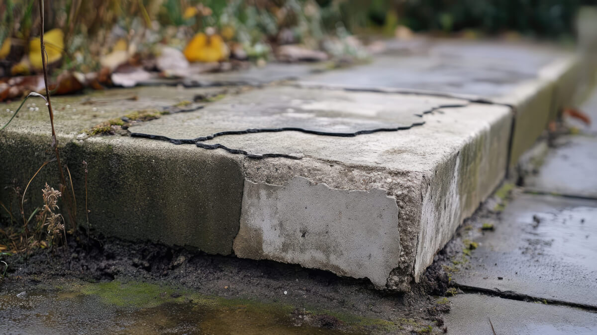 Professional Pressure Washing Services Starting at $49 A weathered cement block on an old deck with missing pieces, highlighting damage from time and exposure to the elements.