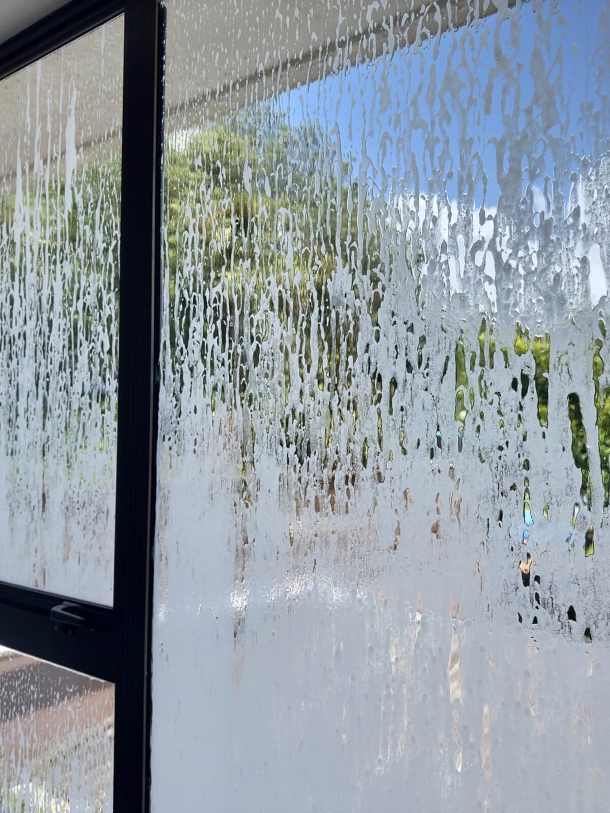 A COMMERCIAL WINDOW WASHING - aluminum-framed window seen from inside a home, covered in thick suds during a professional pre-treatment pressure wash.
