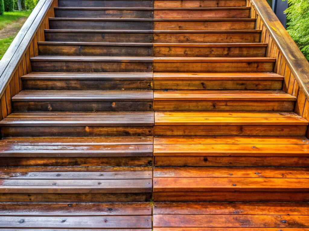Before and after of hardwood stairs pressure washed and professionally oiled, revealing a rich, enhanced natural wood finish.