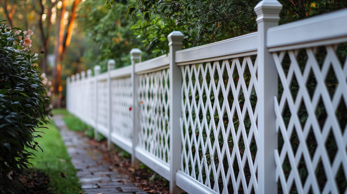 Beautiful white lattice fence in a well-maintained garden.
