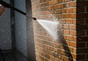 cleaning the brick siding during a exterior home pressure washing service, removing dirt and stains while restoring the natural color of the brick.