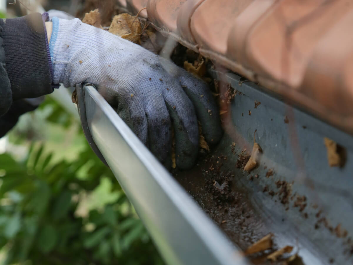 Gloved hand removing leaves and debris from a clogged gutter during a professional gutter cleaning service.