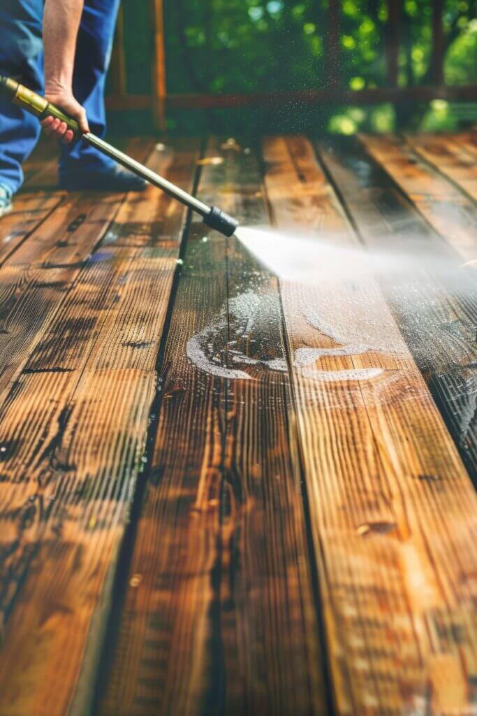 Close-up of a soft wash pressure cleaning on a beautiful hardwood terrace, prepping it for a clear stain and protective seal.