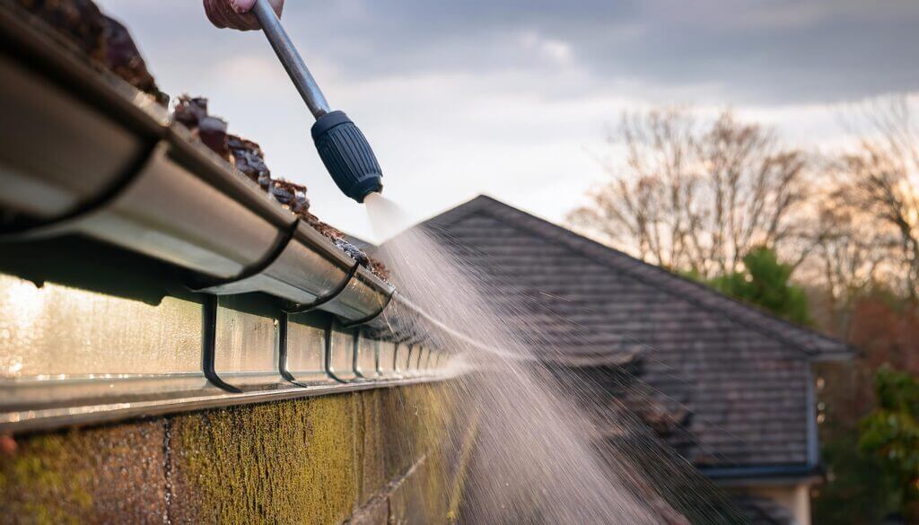 A high-pressure washer clears out leaf-filled spring rain gutters, removing seasonal debris.