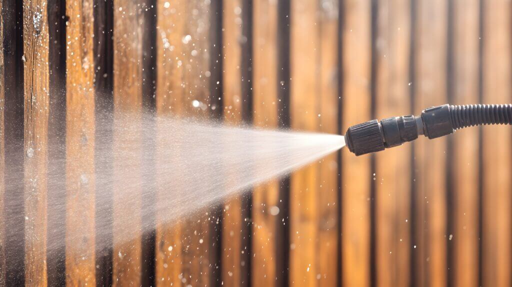 A wooden slat fence undergoing a soft wash pressure washing to remove dirt and prep for a hand-stained sealant application.