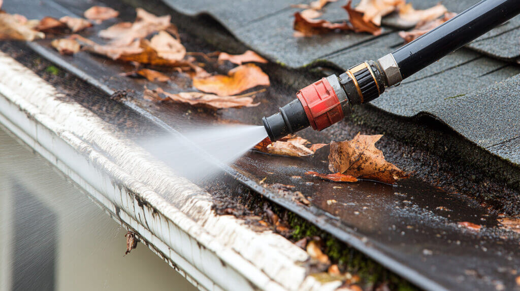 A close-up of rain gutters clogged with leaves and moss, with a pressure washer clearing debris.