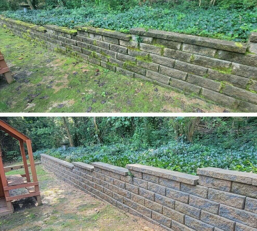 fence pressure washing service - professional retaining wall cleaning results - fence restoration - stone garden wall cleaning