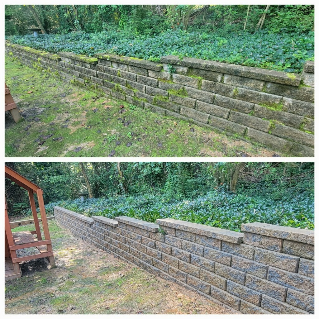 fence pressure washing service - professional retaining wall cleaning results. Explore our Service Area Map to check if we’re in your neighborhood.