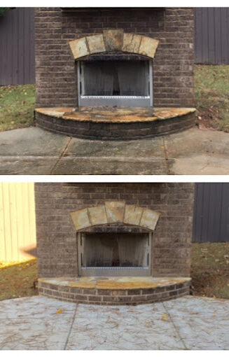 Side-by-side image of a brick outdoor fireplace and concrete patio before and after a professional pressure washing service. Explore our Service Area Map to check if we’re in your neighborhood.