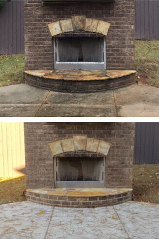 Side-by-side image of a brick outdoor fireplace and concrete patio before and after a professional pressure washing service.