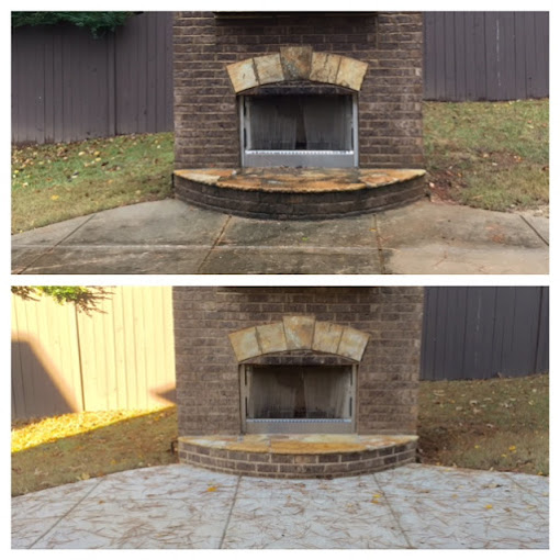 Side-by-side image of a brick outdoor fireplace and concrete patio before and after a professional pressure washing service.