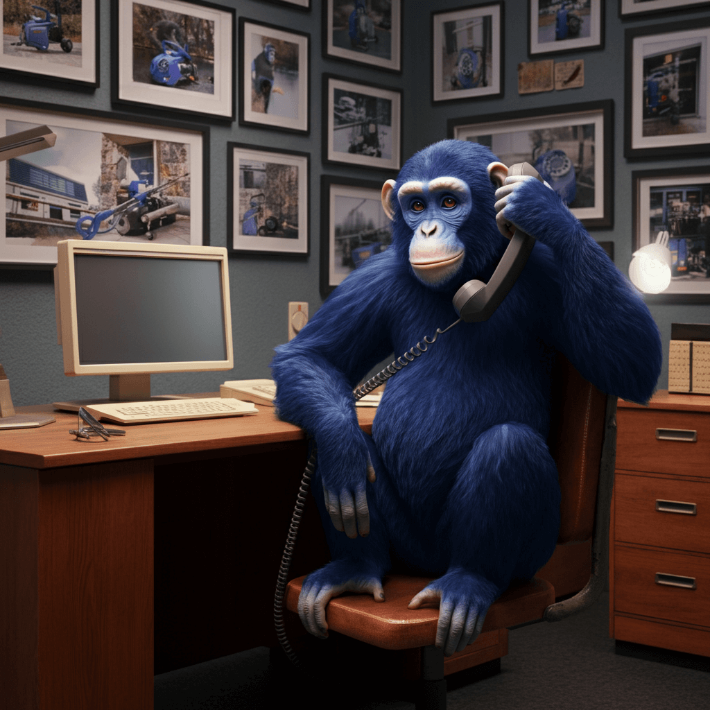 Blue Monkey answering the phone, ready to provide friendly and helpful support for all your questions.