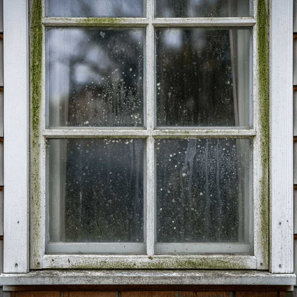 A close-up of a window with visible mold and mildew stains, framed by a charming but weathered exterior.