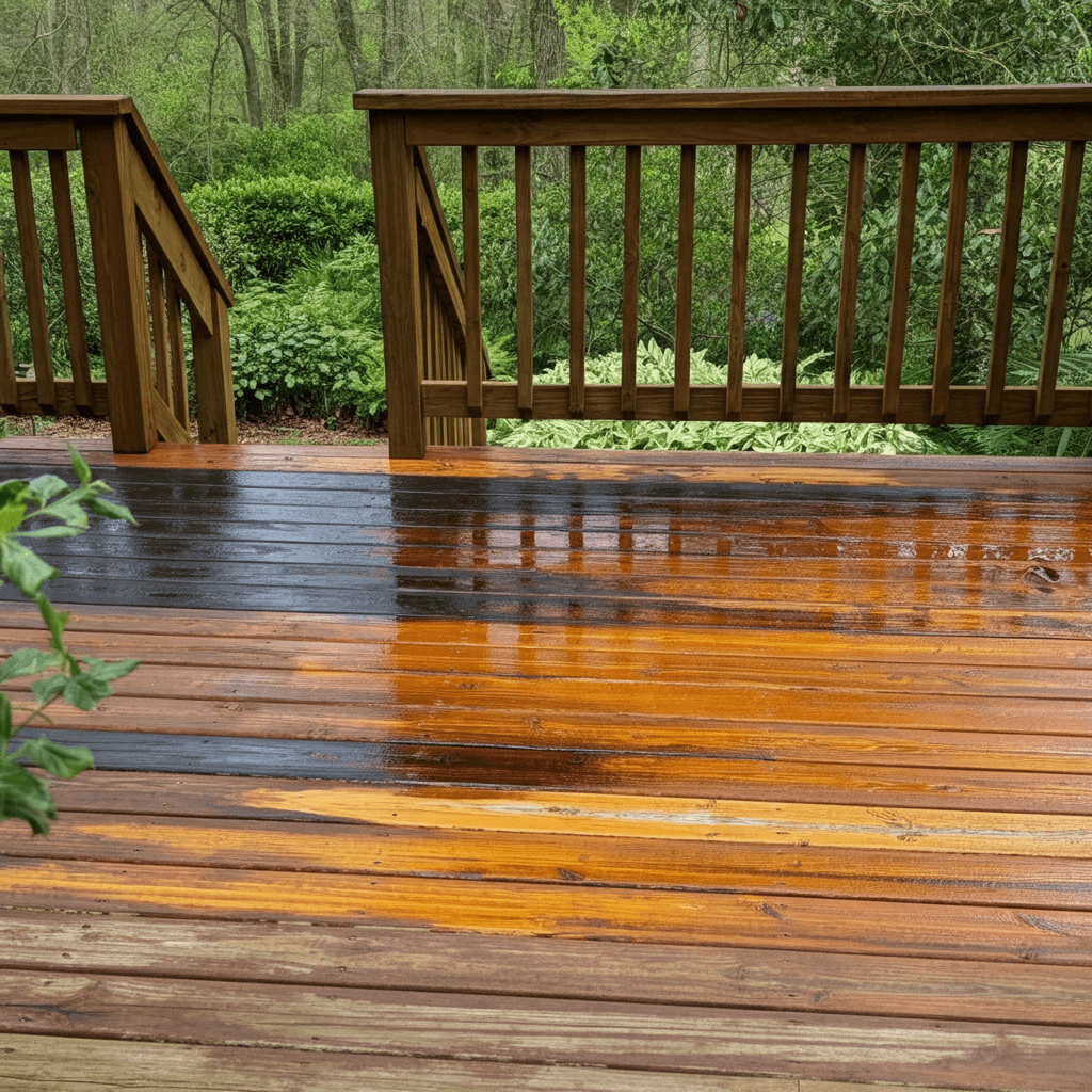 A professional contractor performing deck restoration, showcasing deck sanding, staining, and refinishing work to rejuvenate a wooden deck.