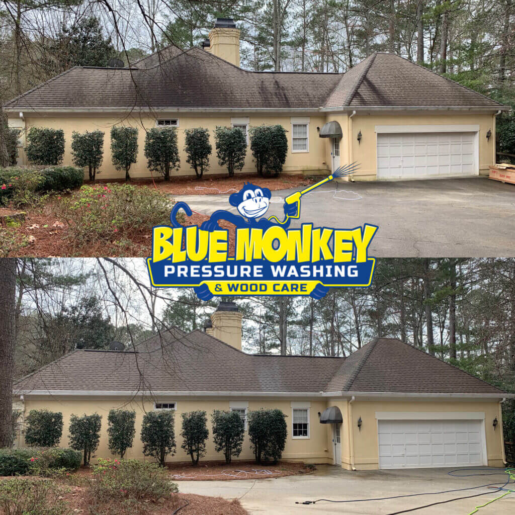 A STUCCO HOME IN DESPERATE NEED TO BLACK STREAK REMOVAL ON THE ROOF - SOFT PRESSURE WASHING ROOF CLEANING