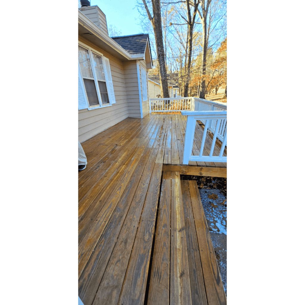 After image showcasing the full transformation by Blue Monkey Pressure Washing and Wood Care, residential services list | including gutter cleaning, spotless window cleaning, exterior home pressure washing, restorative deck pressure washing, roof stain removal, deck staining and sealing, and deck repairs. Explore our Service Area Map to check if we’re in your neighborhood.