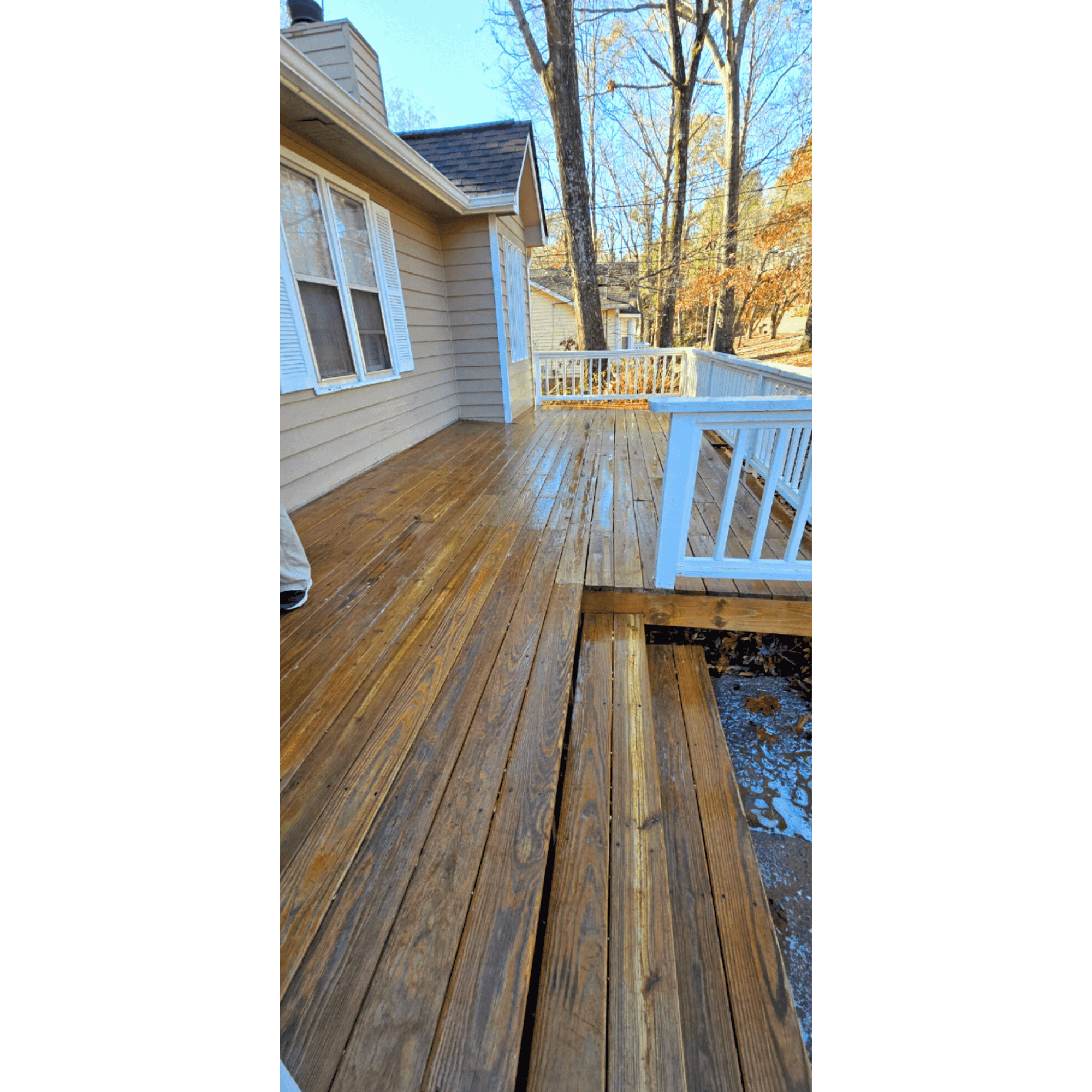 After image showcasing the full transformation by Blue Monkey Pressure Washing and Wood Care, including gutter cleaning, spotless window cleaning, exterior home pressure washing, restorative deck pressure washing, roof stain removal, deck staining and sealing, and deck repairs.