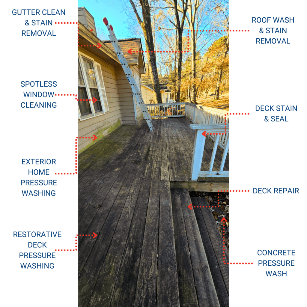 Before image of a home needing full residential services list | Blue Monkey Pressure Washing and Wood Care services, including gutter cleaning, window cleaning, house pressure washing, deck restoration, roof stain removal, deck staining, and repairs. Explore our Service Area Map to check if we’re in your neighborhood.
