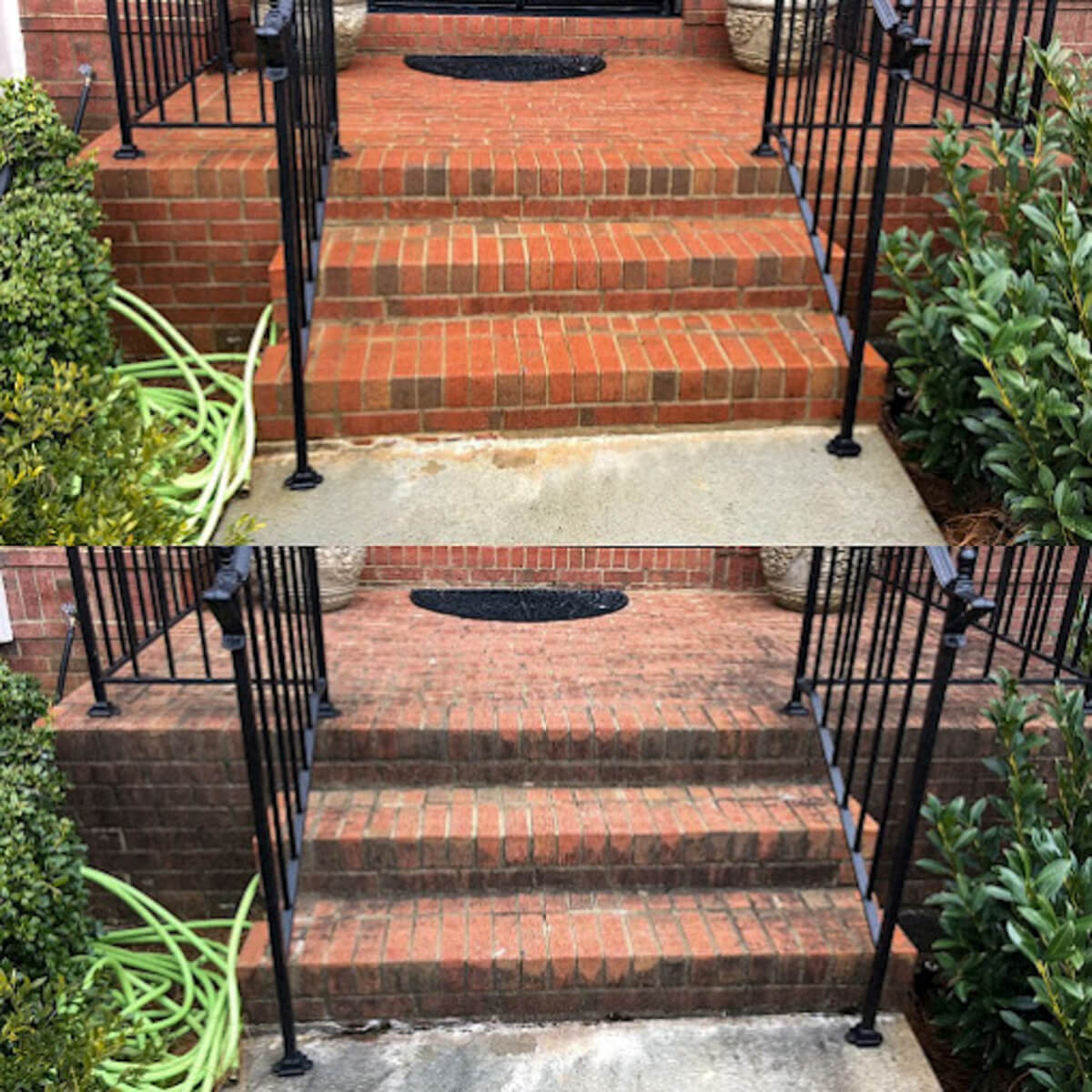 Before and after of brick stairs, a metal railing, and a concrete walkway, professional pressure washING SERVICE for a spotless finish.