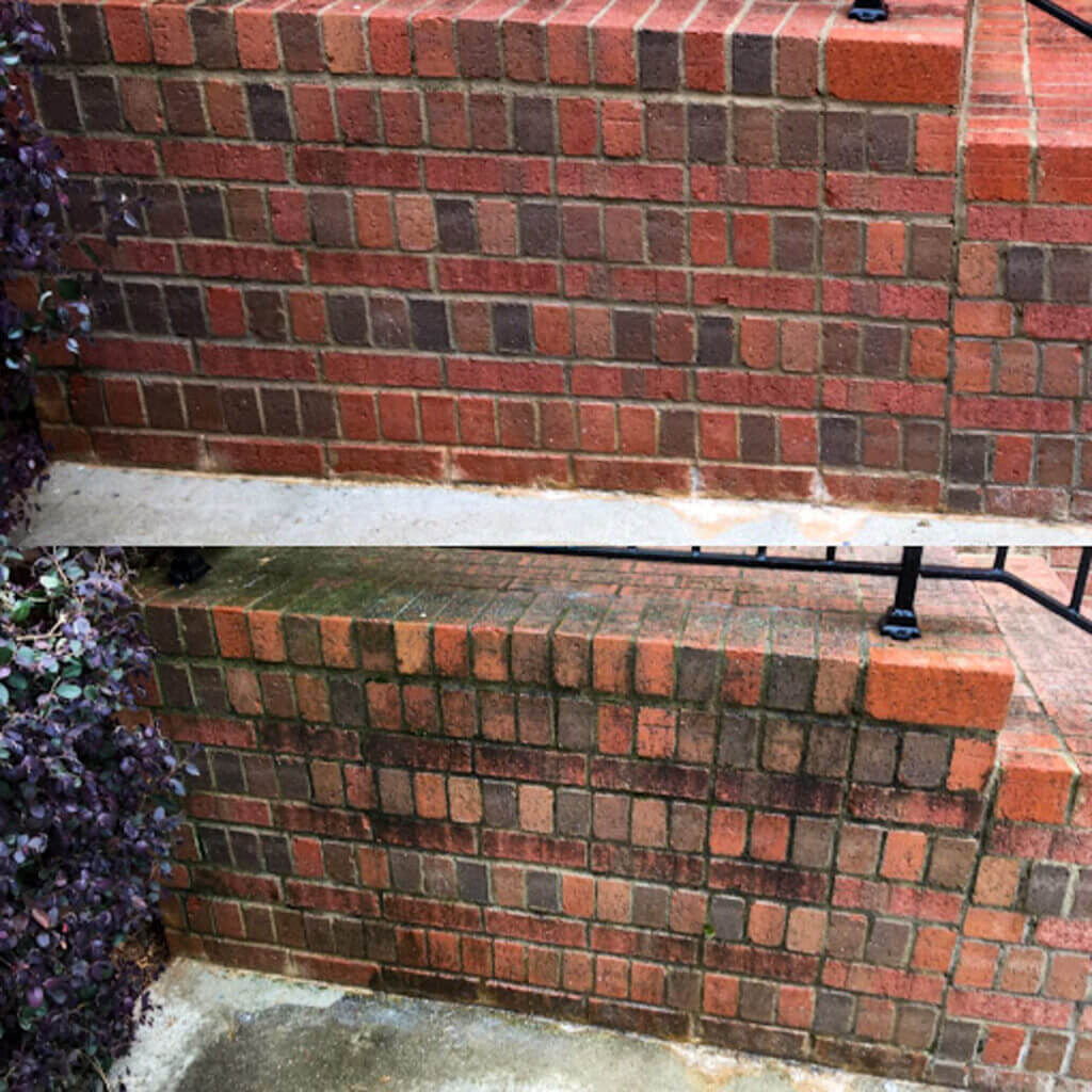 Before and after of a brick wall and stairs after professional pressure washing, revealing a clean, refreshed surface.