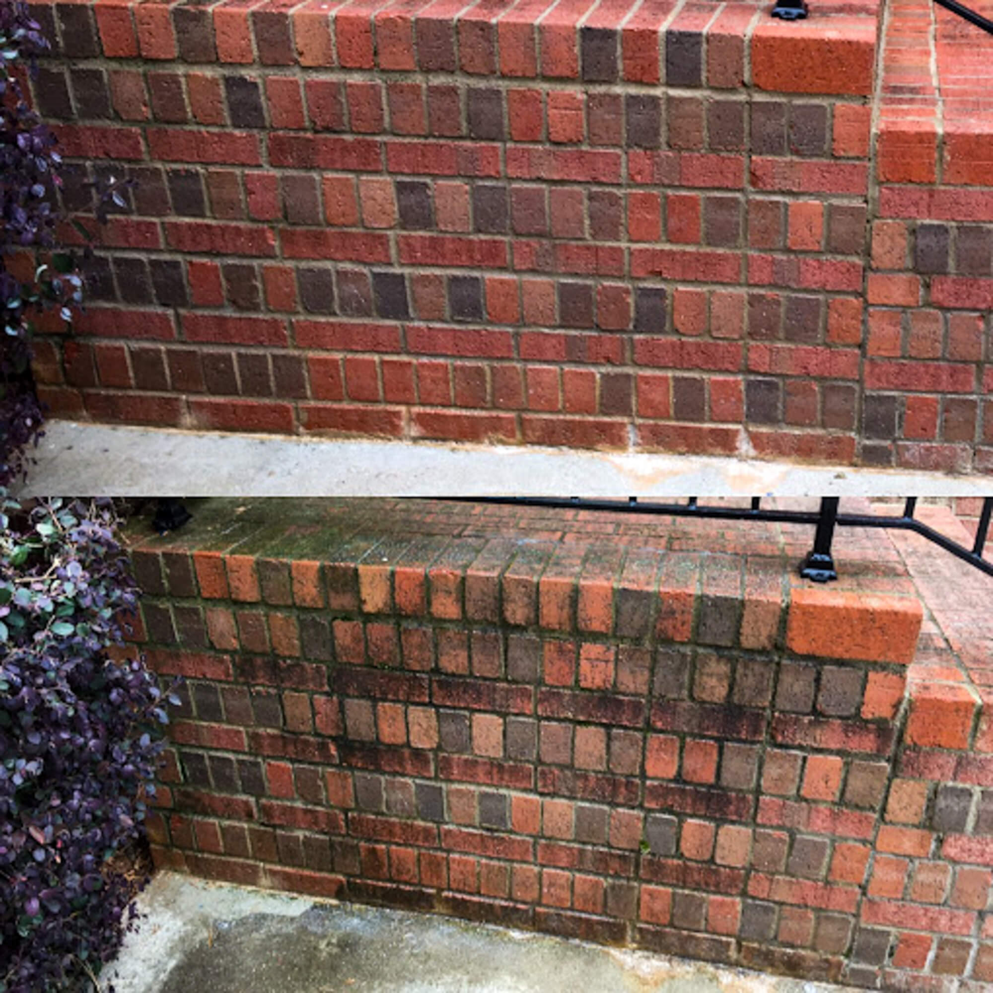 Before and after of a brick wall and stairs after professional pressure washing, revealing a clean, refreshed surface.