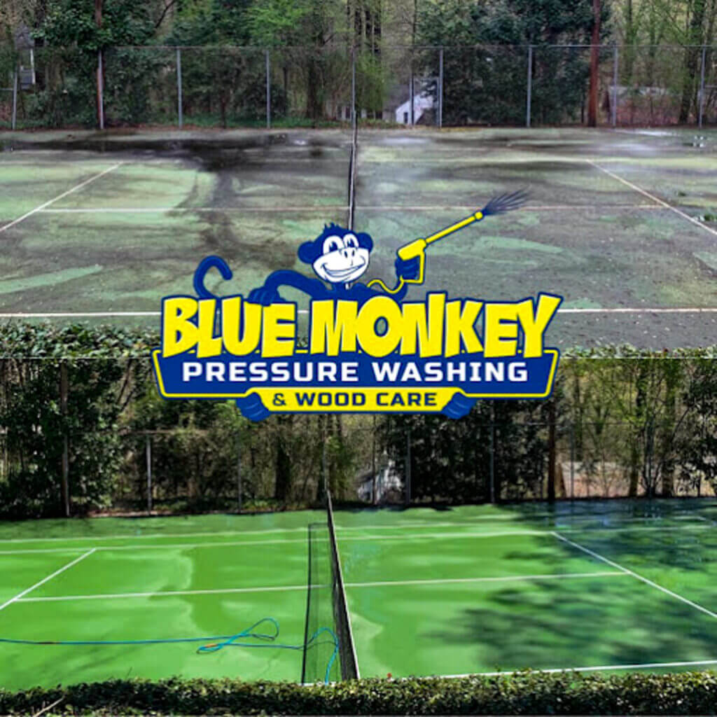 Commercial pressure washing service for tennis court before and after. Professional cleaning results. Explore our Service Area Map to check if we’re in your neighborhood.
