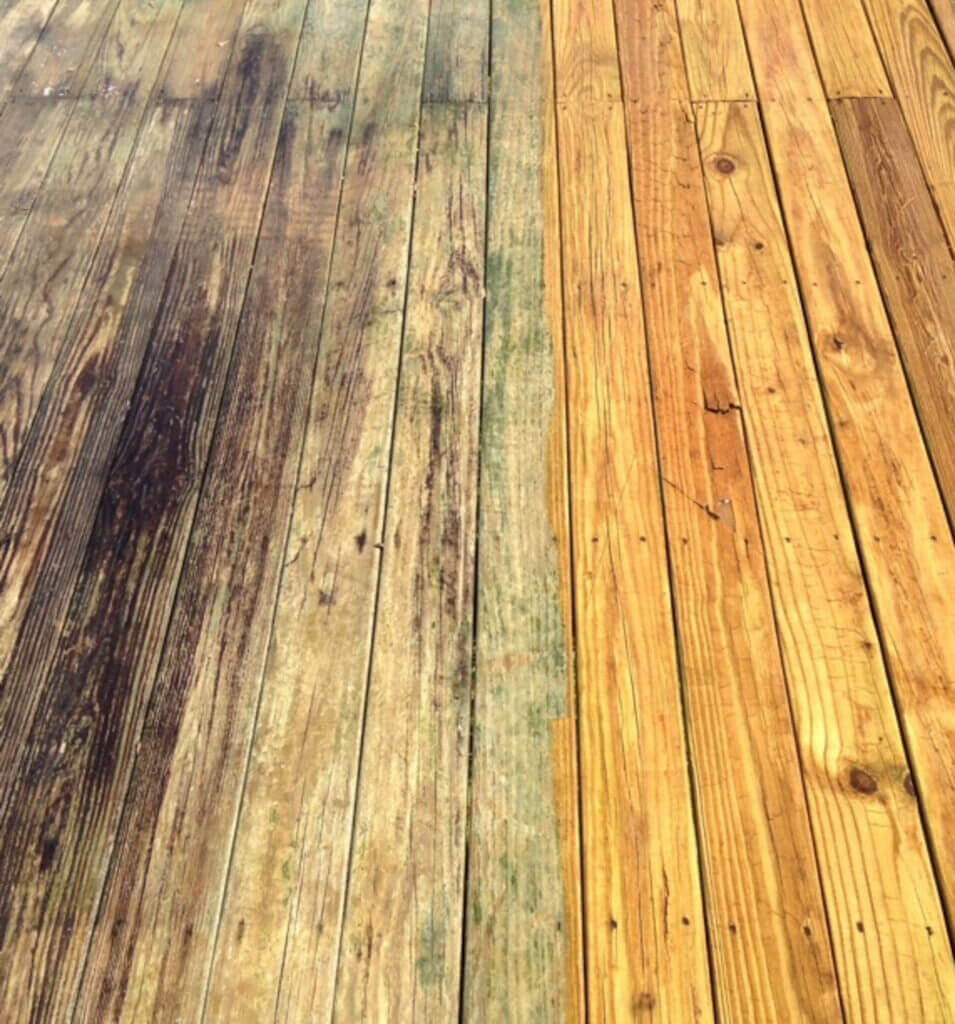 before and after a deck pressure washing and deck stain and seal service