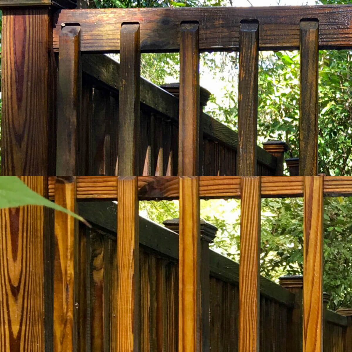 Freshly pressure-washed and hand-stained deck with a flawless finish, enhancing outdoor beauty and longevity.