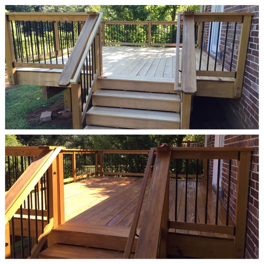 before and after a professional wooden deck stain and seal service - VIEW OUR RESIDENTIAL SERVICES LIST FOR ALL YOUR HOME CLEANING NEEDS. Explore our Service Area Map to check if we’re in your neighborhood.