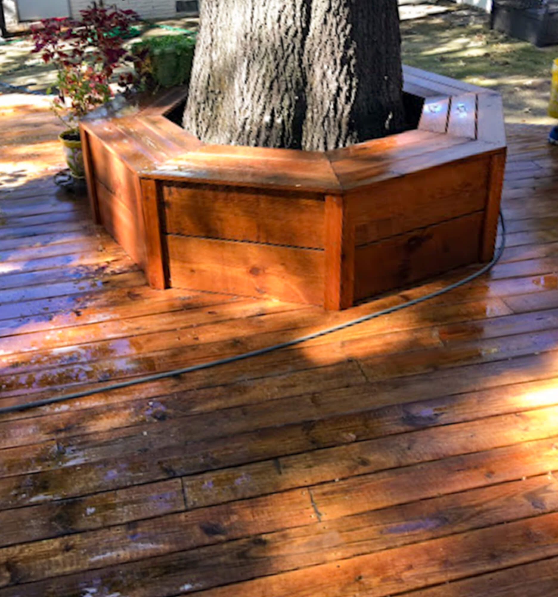Hand-stained wooden patio with a built-in bench around a tree, restored to perfection with professional pressure washing service.