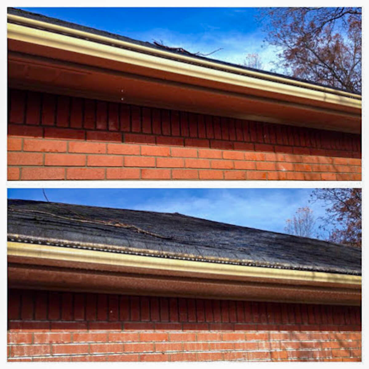 Before and after of soffits and gutters on a brick home after a professional gutters pressure washing service removes dirt and stains.