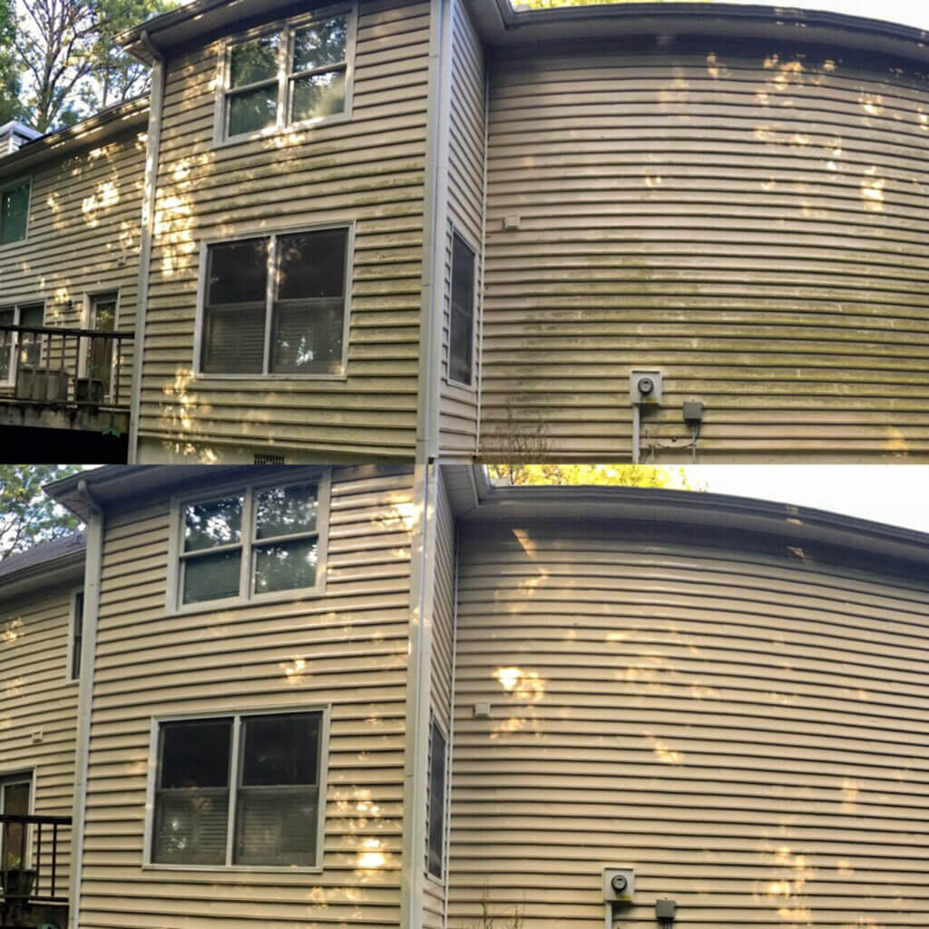 exterior home pressure washing service before and after on siding. Explore our Service Area Map to check if we’re in your neighborhood.