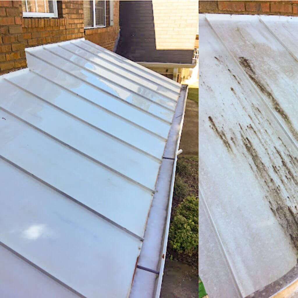 Before and after of a brick home with a metal roof, showing black stain and streak removal after professional roof pressure washing. Explore our Service Area Map to check if we’re in your neighborhood.