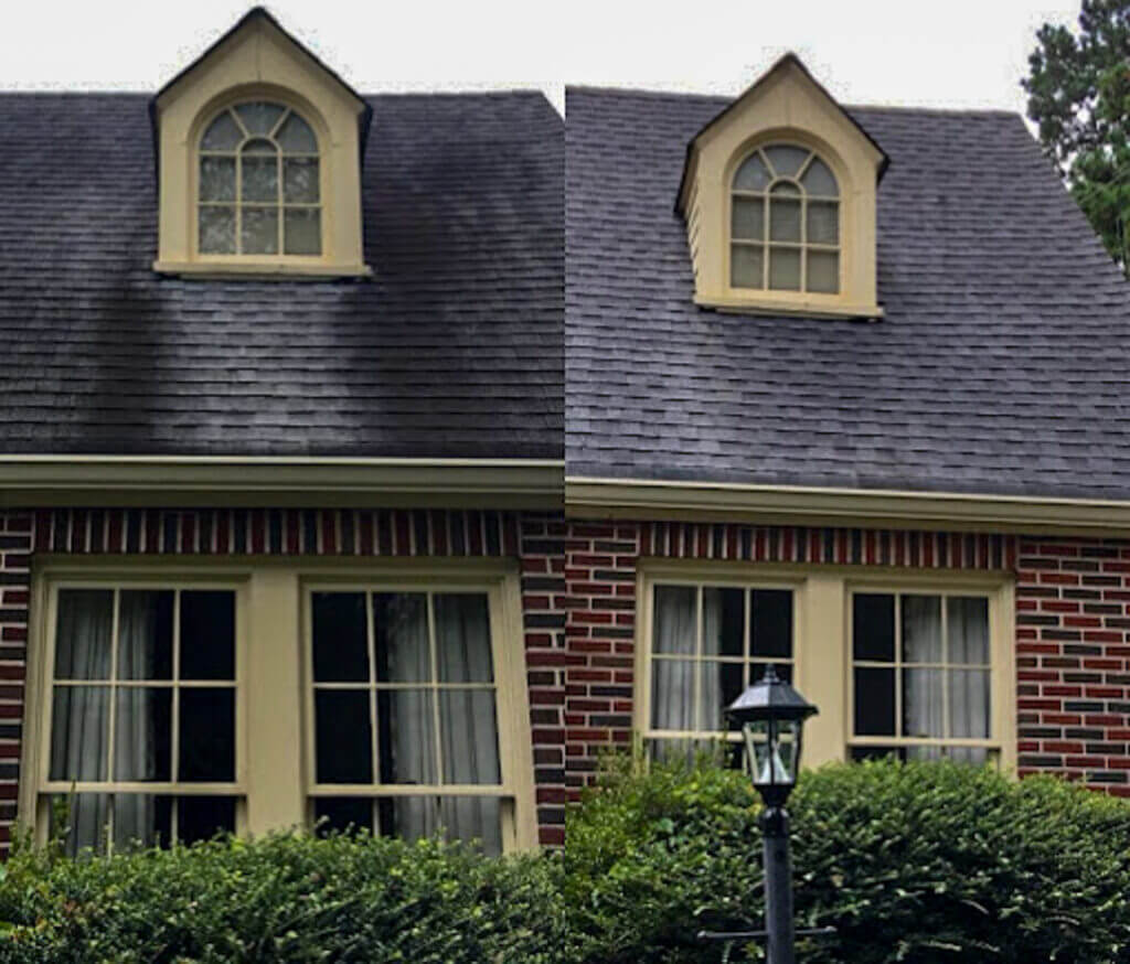 Before and after of an architectural tile roof pressure wash, removing black streaks, algae, and stains for a fresh, clean look.