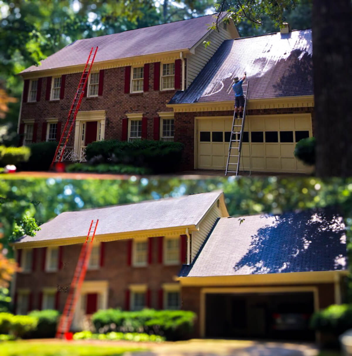 Side-by-side image of a man on a ladder during and after a roof pressure washing and stain removal service.