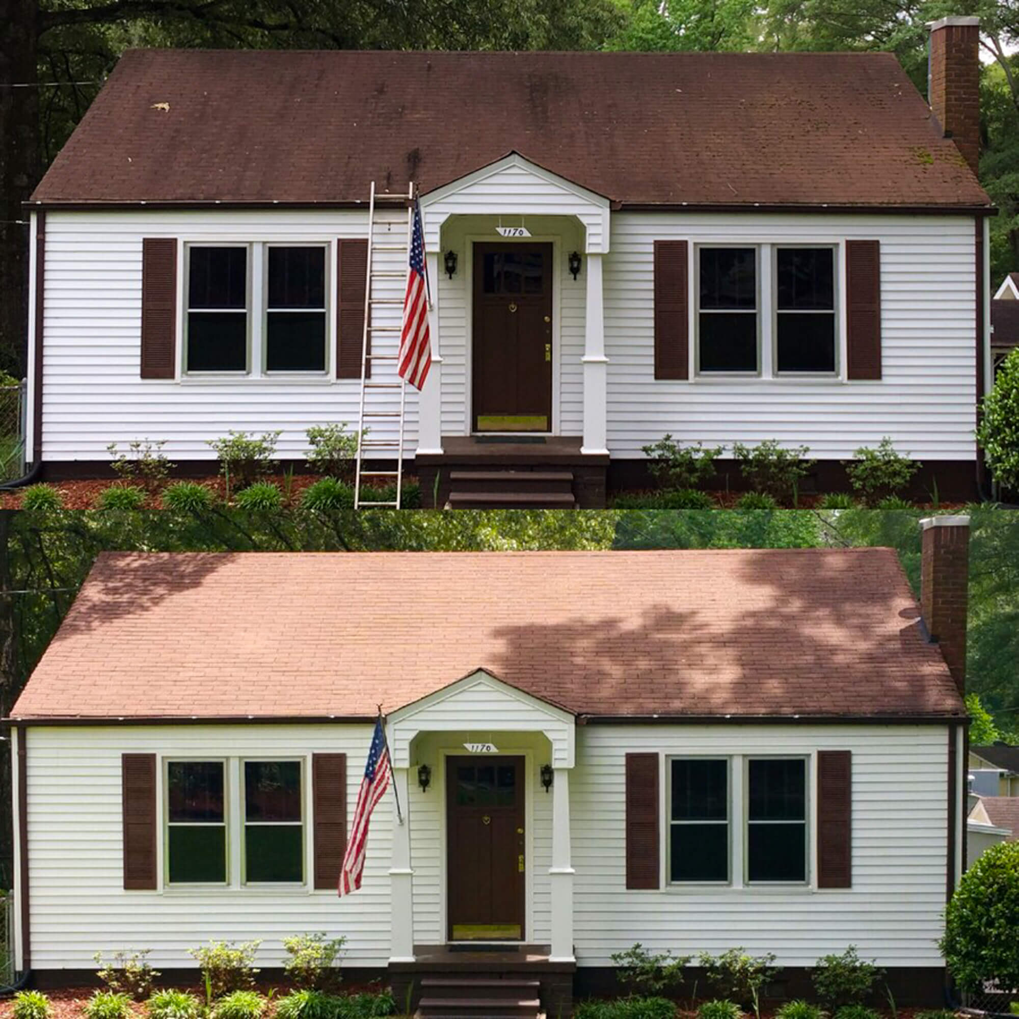 BEFORE AND AFTER A WHOLE HOME RESTORATION INCLUDING A ROOF PRESSURE WASHING AND STAIN REMOVAL SERVICE