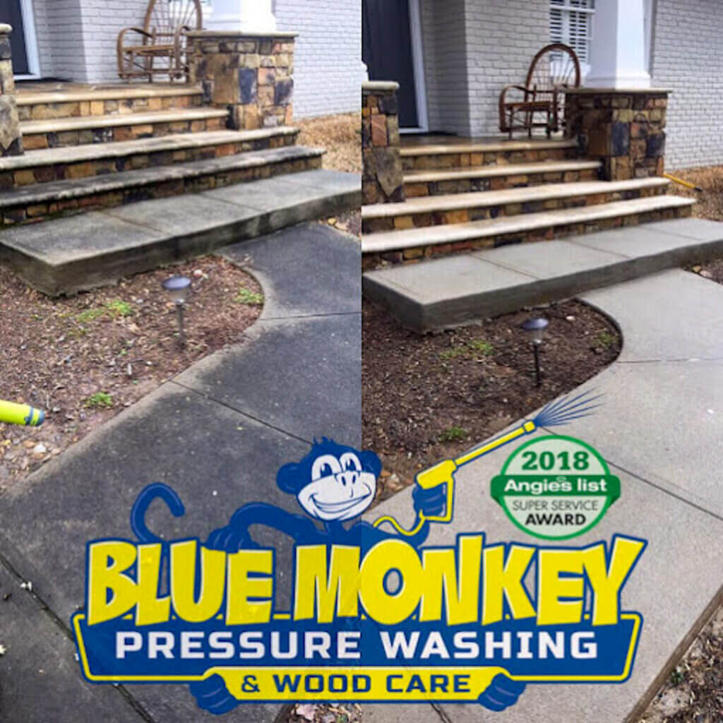 Before and after of Blue Monkey’s 2018 Angie’s List Super Service Award-winning pressure washing on stone steps and concrete patio. Explore our Service Area Map to check if we’re in your neighborhood.