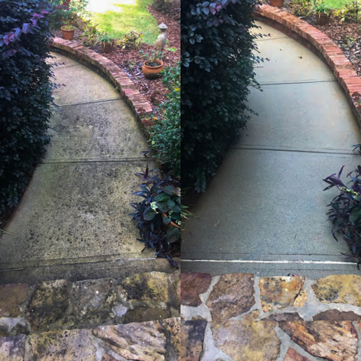 Before and after PROFESSIONAL PRESSURE WASHING SERVICE of a stone stoop, concrete walkway, and brick pavers for a spotless finish.