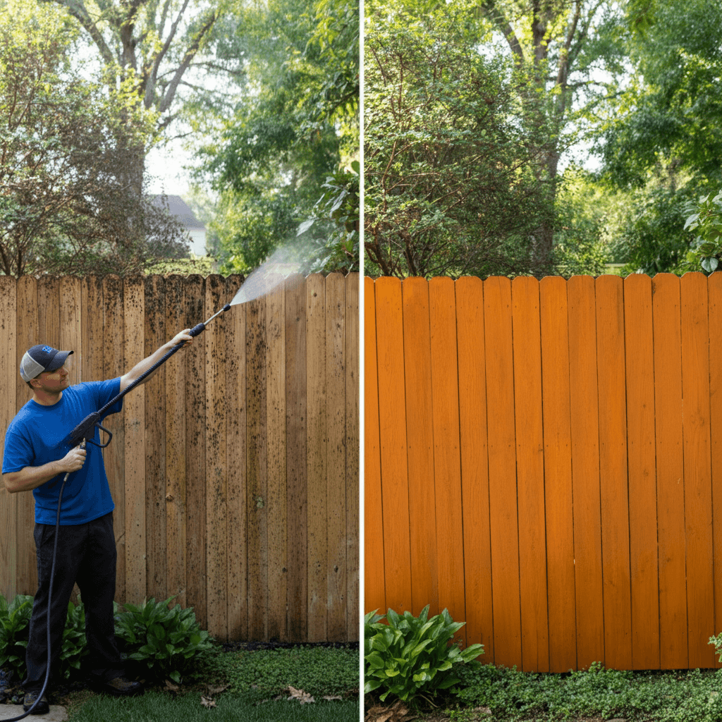 A beautifully restored wooden fence with a rich, vibrant stain, symbolizing professional fence staining, sealing, and pressure washing services.