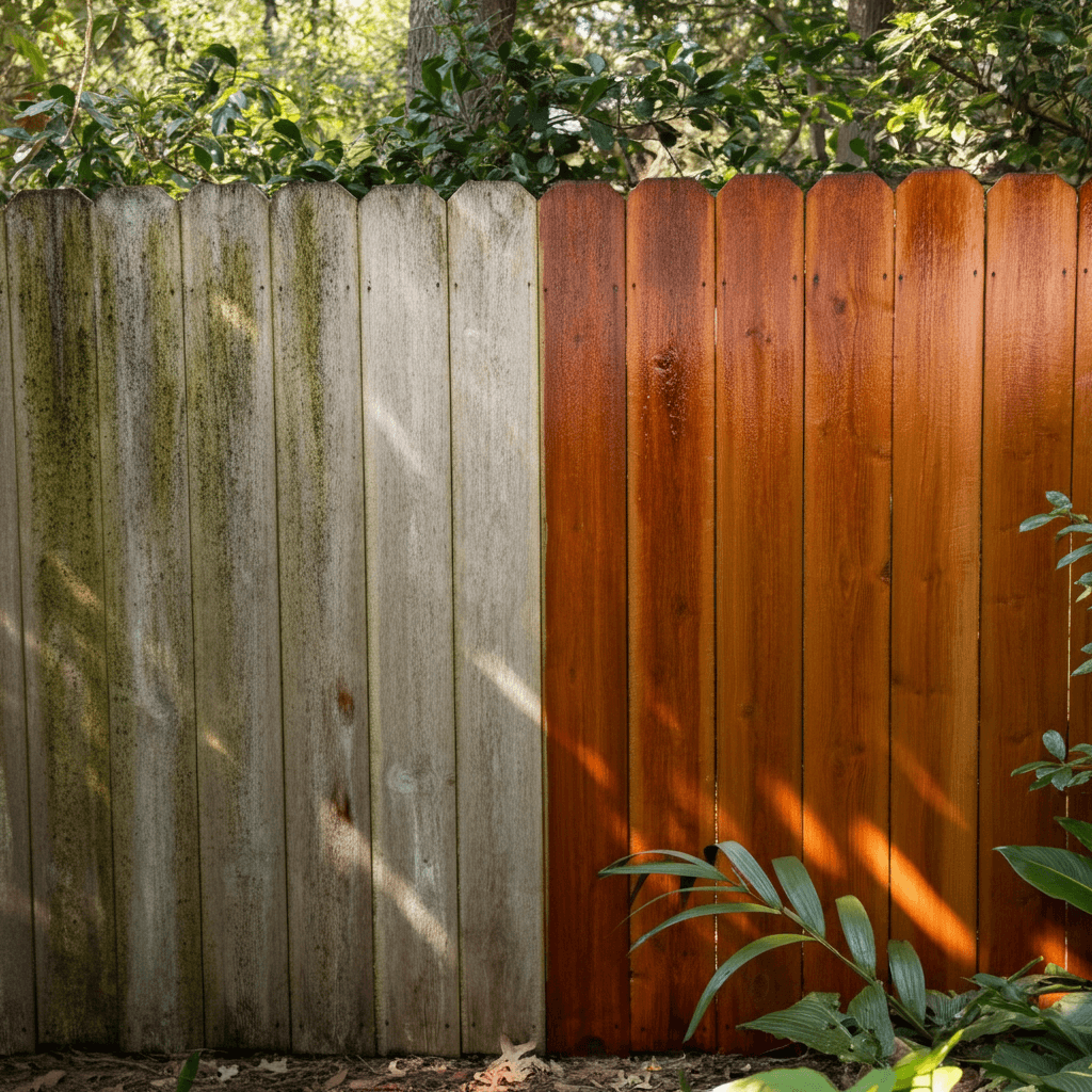 BEFORE AND AFTER: restored wooden fence with a rich, vibrant stain, symbolizing professional fence staining, sealing, and pressure washing services.