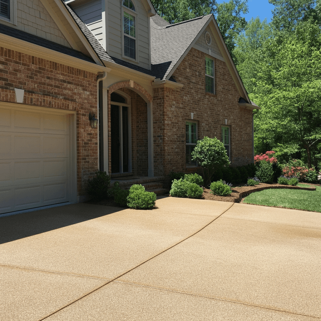 A smooth, freshly sealed concrete driveway with a shiny protective finish, surrounded by a clean, green lawn under a sunny sky.